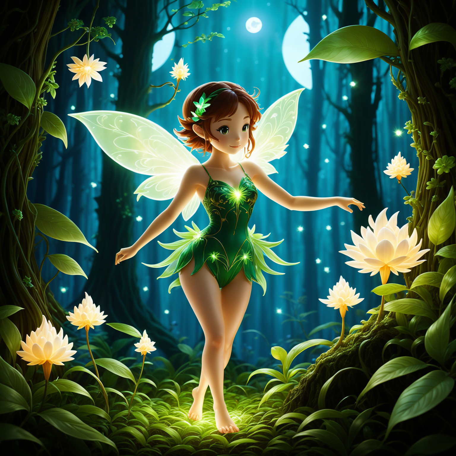 Glowing Forest Sprite, dancing in a lush forest bathed in moonlight. The sprite's soft glow illuminates the intricate deta...